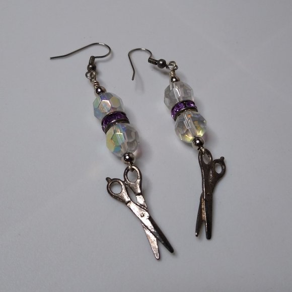 Vintage Glass Bead Metal Scissors Dangle Earrings - Picture 1 of 15